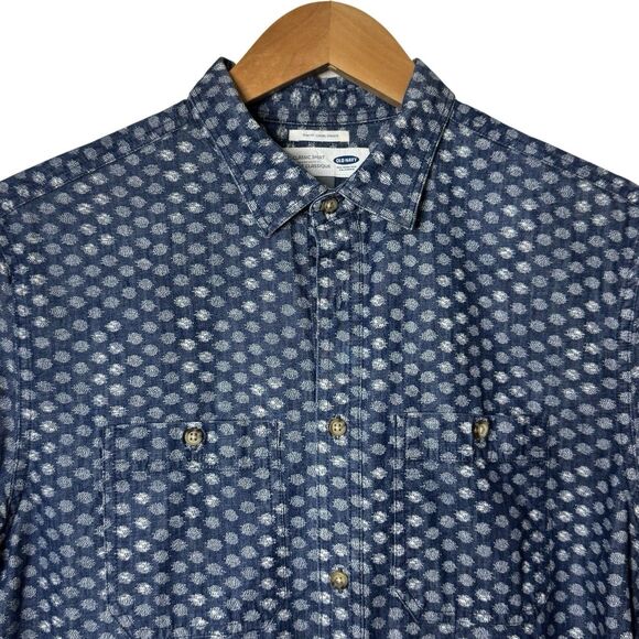 Old Navy Mens Large Slim Fit Blue White Button Up Denim Like Shirt Short Sleeve - Picture 1 of 8